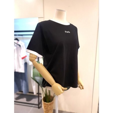 자수 배색 링거 티셔츠 화이트