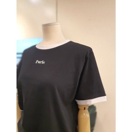 자수 배색 링거 티셔츠 화이트