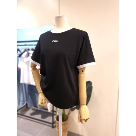 자수 배색 링거 티셔츠 화이트