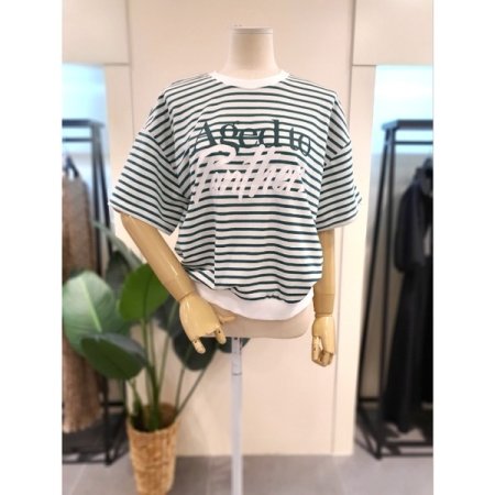 스트라이프 반팔 맨투맨 그린