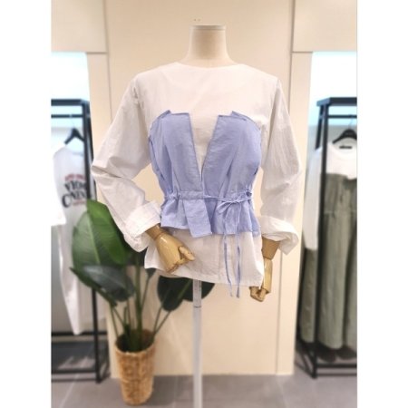 레이어드 배색 블라우스 네이비