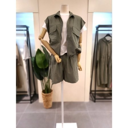 바스락 베스트 반바지 세트 카키