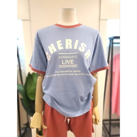 배색 반팔 반바지 세트 스카이블루