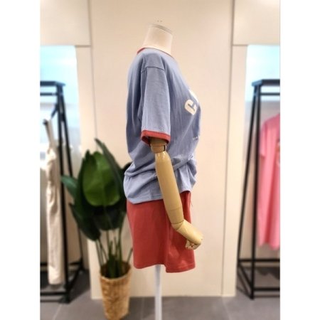 배색 반팔 반바지 세트 스카이블루