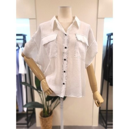 스티치 롤업 반팔 블라우스 블랙