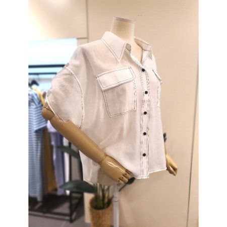 스티치 롤업 블라우스 화이트