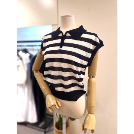 카라 집업 반팔 니트 네이비