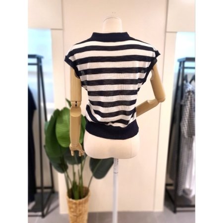 카라 집업 반팔 니트 네이비