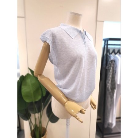 카라 집업 반팔 니트 스카이블루