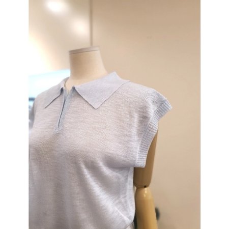 카라 집업 반팔 니트 스카이블루