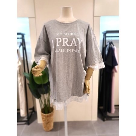 레이스 배색 루즈핏 티셔츠 그레이