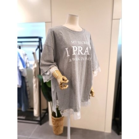 레이스 배색 루즈핏 티셔츠 그레이