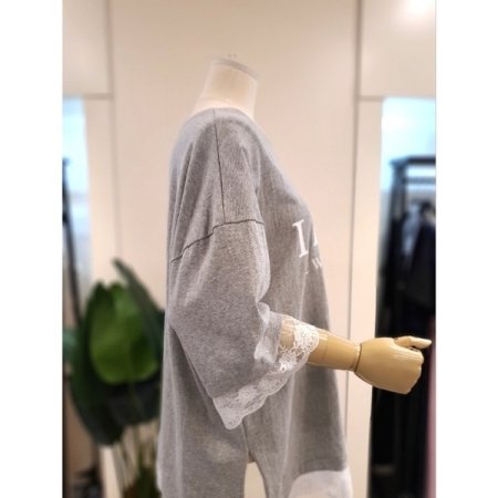 레이스 배색 루즈핏 티셔츠 그레이