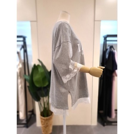 레이스 배색 루즈핏 티셔츠 그레이