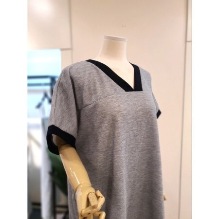 와플 배색 반팔 원피스 그레이