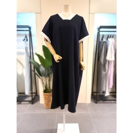 와플 배색 반팔 원피스 그레이