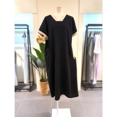 와플 배색 반팔 원피스 그레이