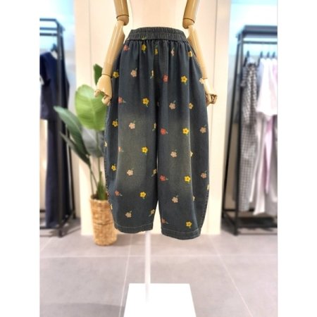 플라워 배기 데님 팬츠