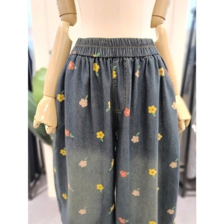 플라워 배기 데님 팬츠