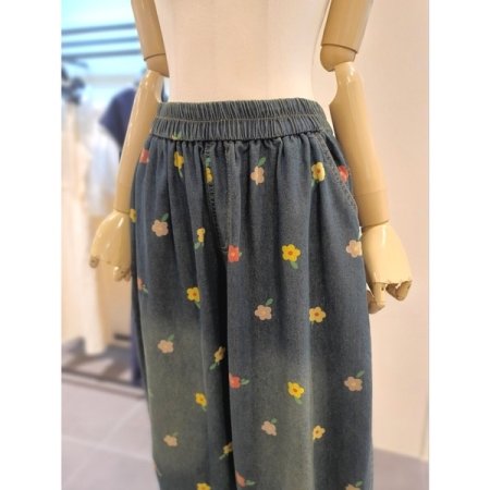 플라워 배기 데님 팬츠