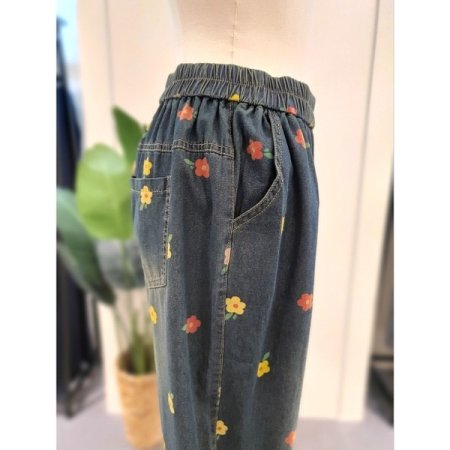 플라워 배기 데님 팬츠