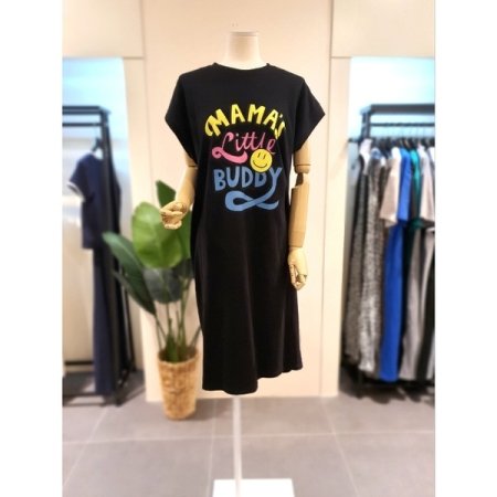 면 프린팅 드랍소매 원피스 블랙