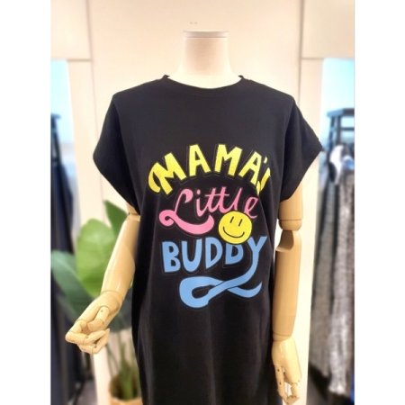 면 프린팅 드랍소매 원피스 블랙