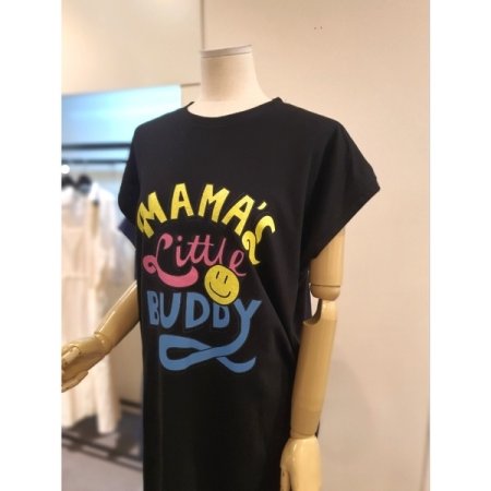 면 프린팅 드랍소매 원피스 블랙