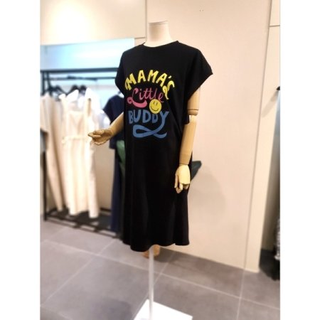 면 프린팅 드랍소매 원피스 블랙