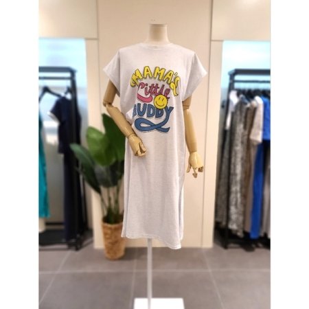 면 프린팅 드랍소매 원피스 블랙