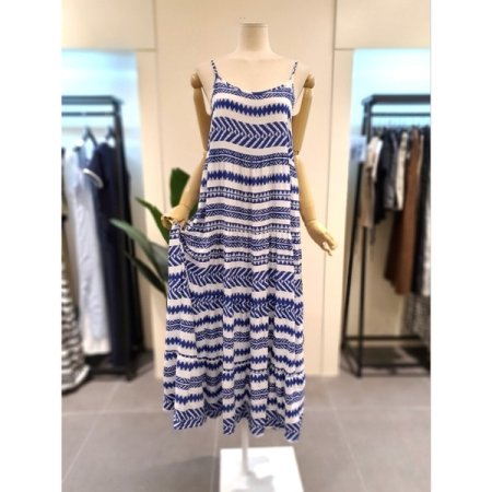 패턴 끈나시 레이어드 롱 원피스 블루