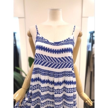 패턴 끈나시 레이어드 롱 원피스 블루