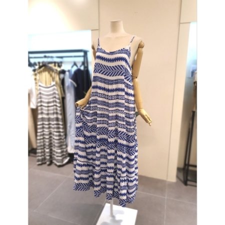 패턴 끈나시 레이어드 롱 원피스 블루