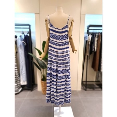 패턴 끈나시 레이어드 롱 원피스 블루