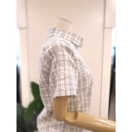 시어커서 스트링 체크 반팔 셔츠 카키