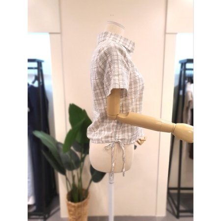 시어커서 스트링 체크 반팔 셔츠 카키