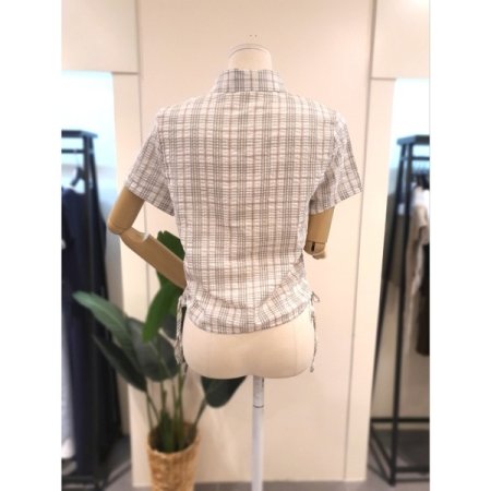 시어커서 스트링 체크 반팔 셔츠 카키