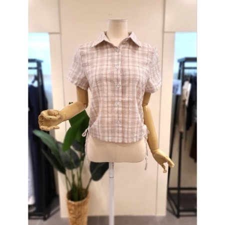 스트링 체크 반팔 셔츠 베이지