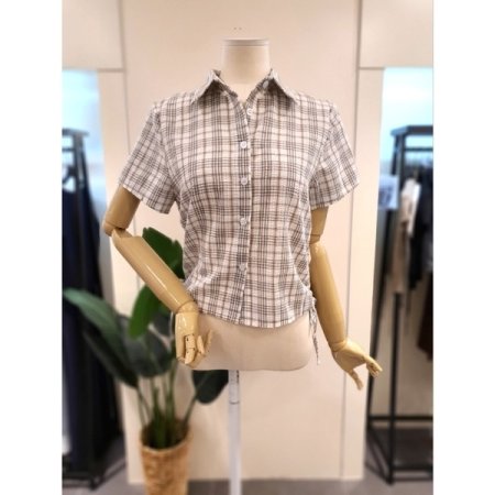 스트링 체크 반팔 셔츠 베이지