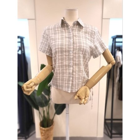 스트링 체크 반팔 셔츠 베이지