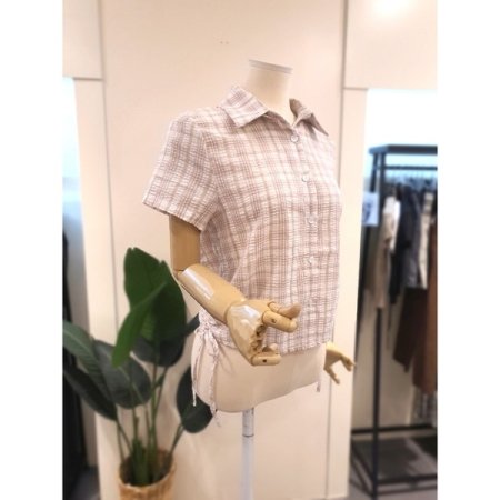 스트링 체크 반팔 셔츠 베이지