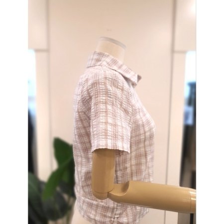 스트링 체크 반팔 셔츠 베이지