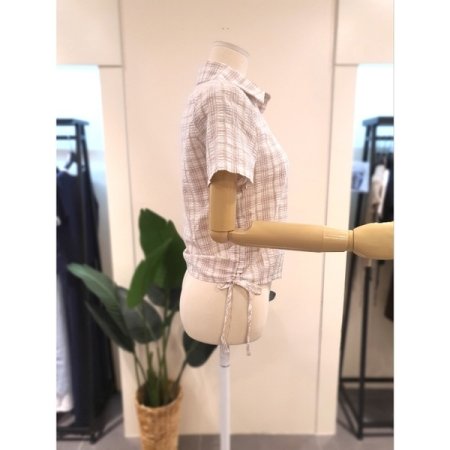 스트링 체크 반팔 셔츠 베이지