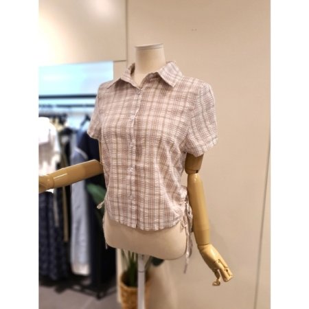 스트링 체크 반팔 셔츠 베이지