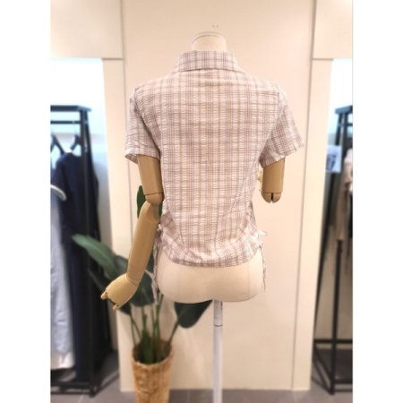 스트링 체크 반팔 셔츠 베이지