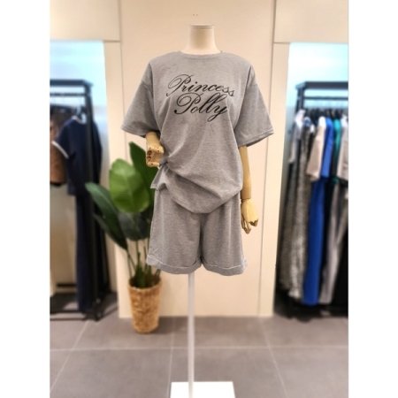 프린 반팔 반바지 세트 그레이