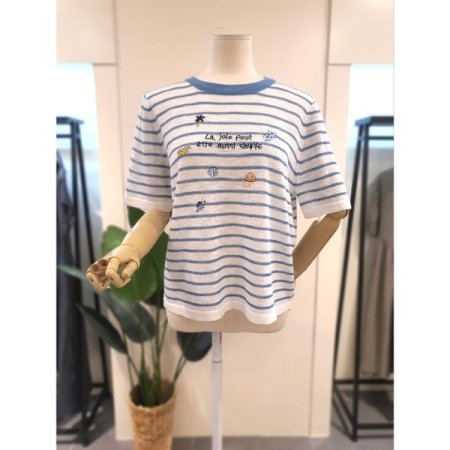 스트라이프 자수 반팔 니트 블루