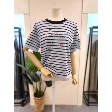 스트라이프 자수 반팔 니트 블루