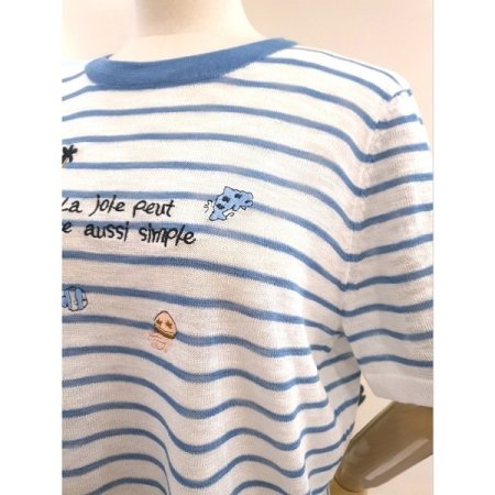 스트라이프 자수 반팔 니트 블루