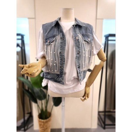 펄 망사 데님 베스트 청조끼